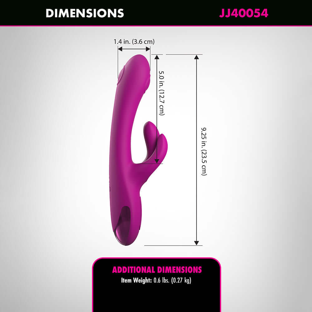 Dimensions of JimmyJane Touch-Me Pro Rabbit Vibrator, measuring 9.25 in. long and 1.4 in. wide.