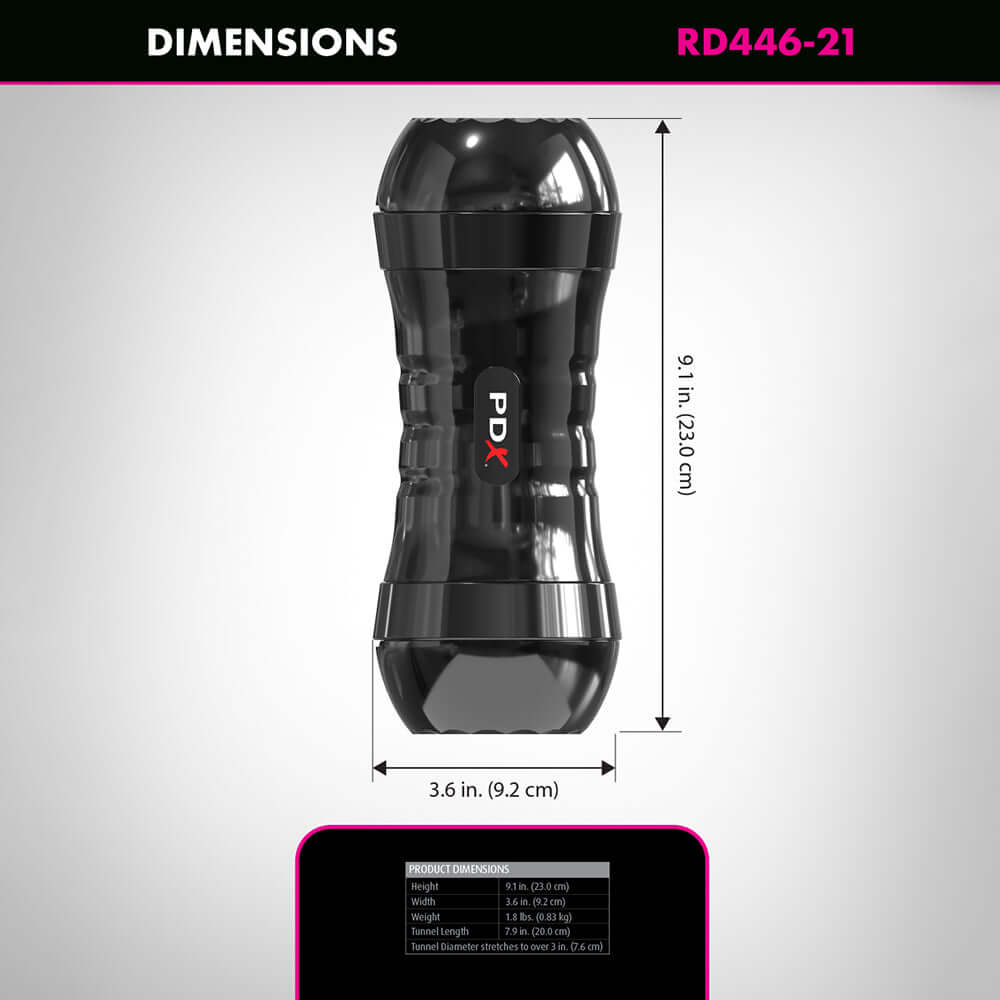 PDX Extreme Super Flip-A-Pussy Over Light dimensions illustration showing size specifications and design features.