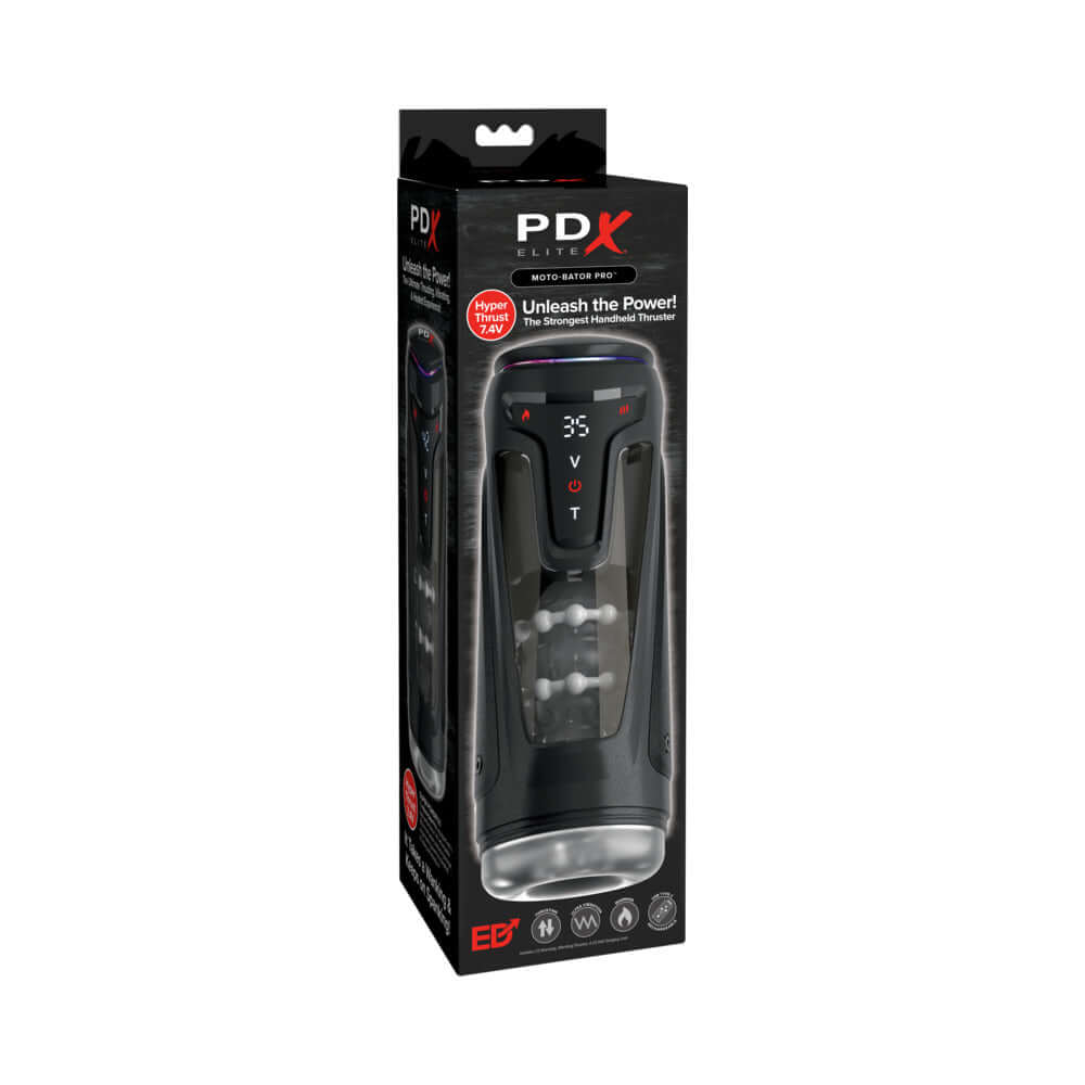 PDX Elite Moto-Bator Pro Thrusting Stroker packaging showcasing advanced pleasure technology