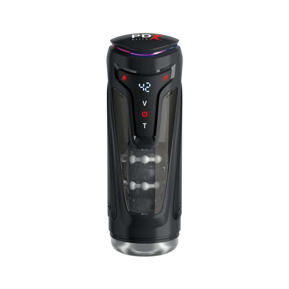 PDX Elite Moto-Bator Pro Thrusting Stroker displayed, featuring controls and sleek design for ultimate pleasure.