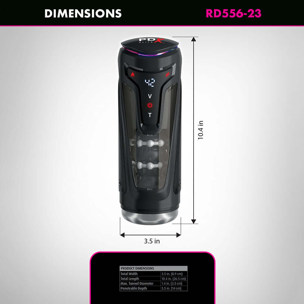 PDX Elite Moto-Bator Pro Thrusting Stroker dimensions with detailed specifications and design features.