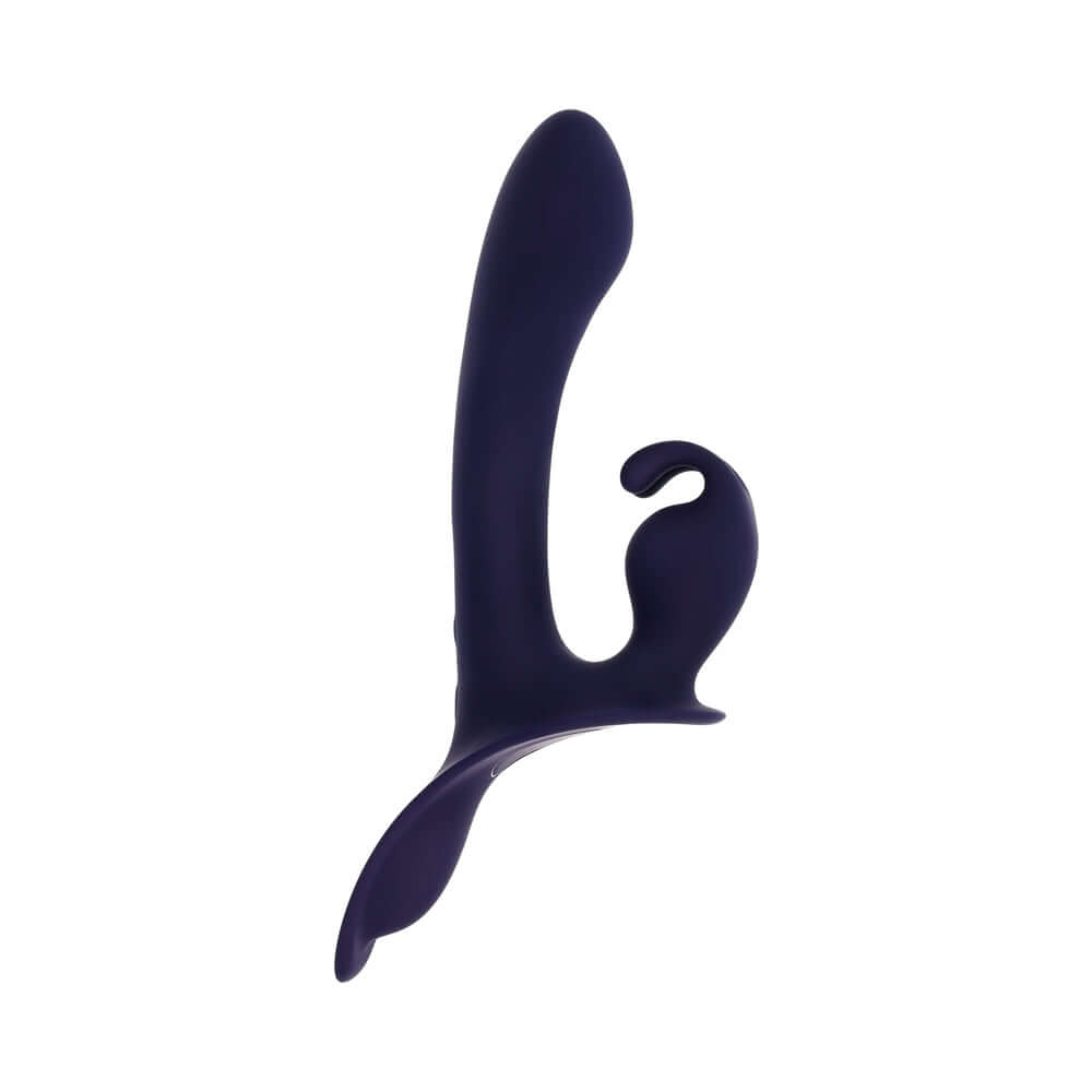 Evolved Giving Vibes Strap On Purple showcasing a sleek design with a curved shaft and bunny-eared stimulator.