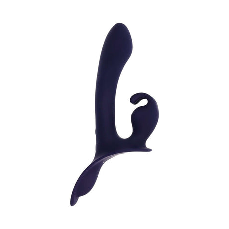 Evolved Giving Vibes Strap On Purple showcasing a sleek design with a curved shaft and bunny-eared stimulator.