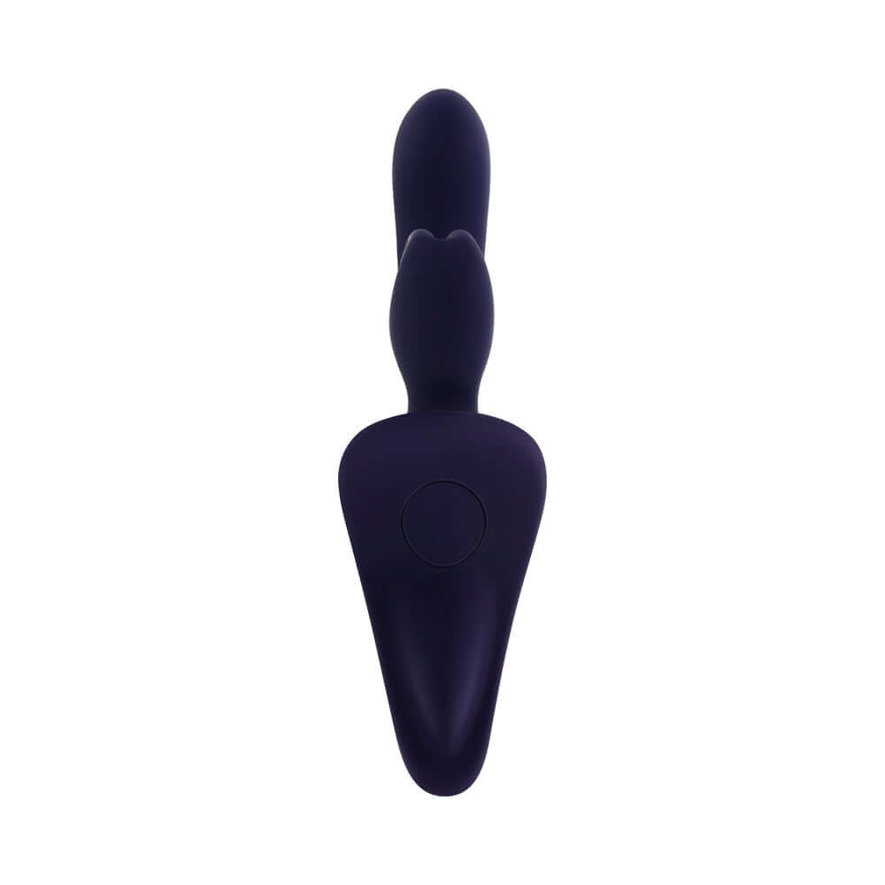 Evolved Giving Vibes Strap On Purple showing the curved shaft and bunny-eared stimulator for pleasure.