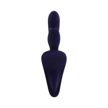 Evolved Giving Vibes Strap On Purple showing the curved shaft and bunny-eared stimulator for pleasure.