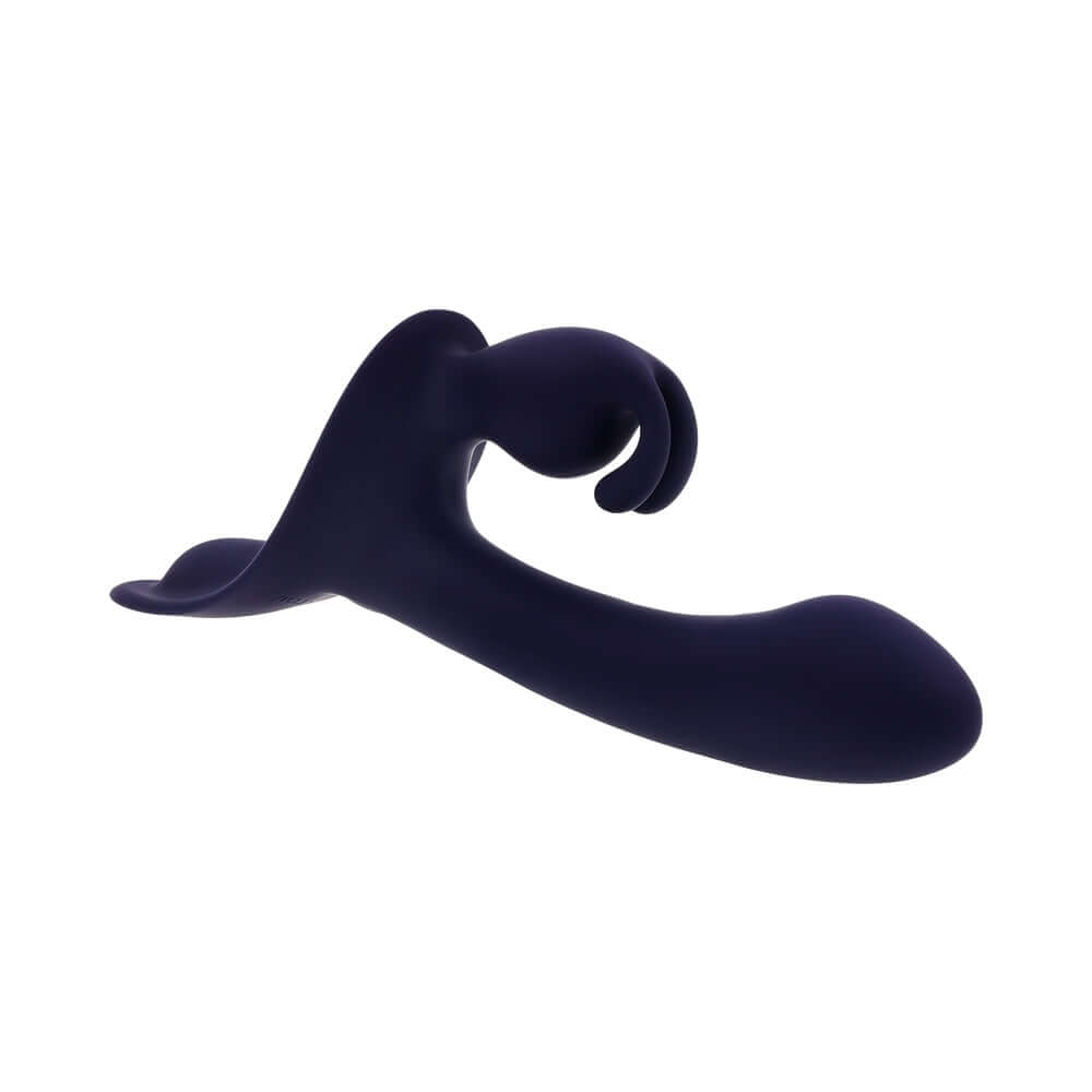 Evolved Giving Vibes Strap On Purple designed for powerful synchronized pleasure with triple motors and a curved shaft.