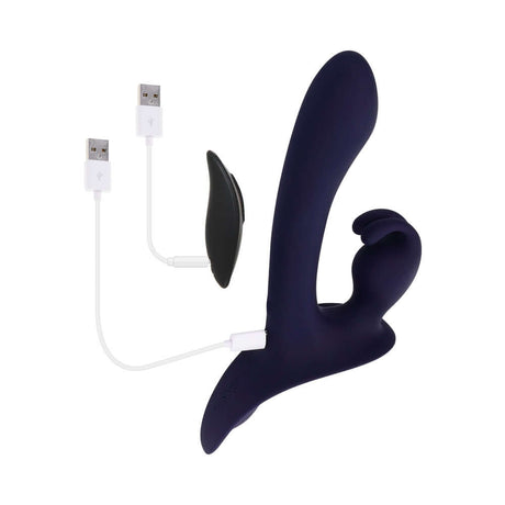 Evolved Giving Vibes Strap On Purple includes a curved shaft, bunny-eared stimulator, and USB recharge capability.