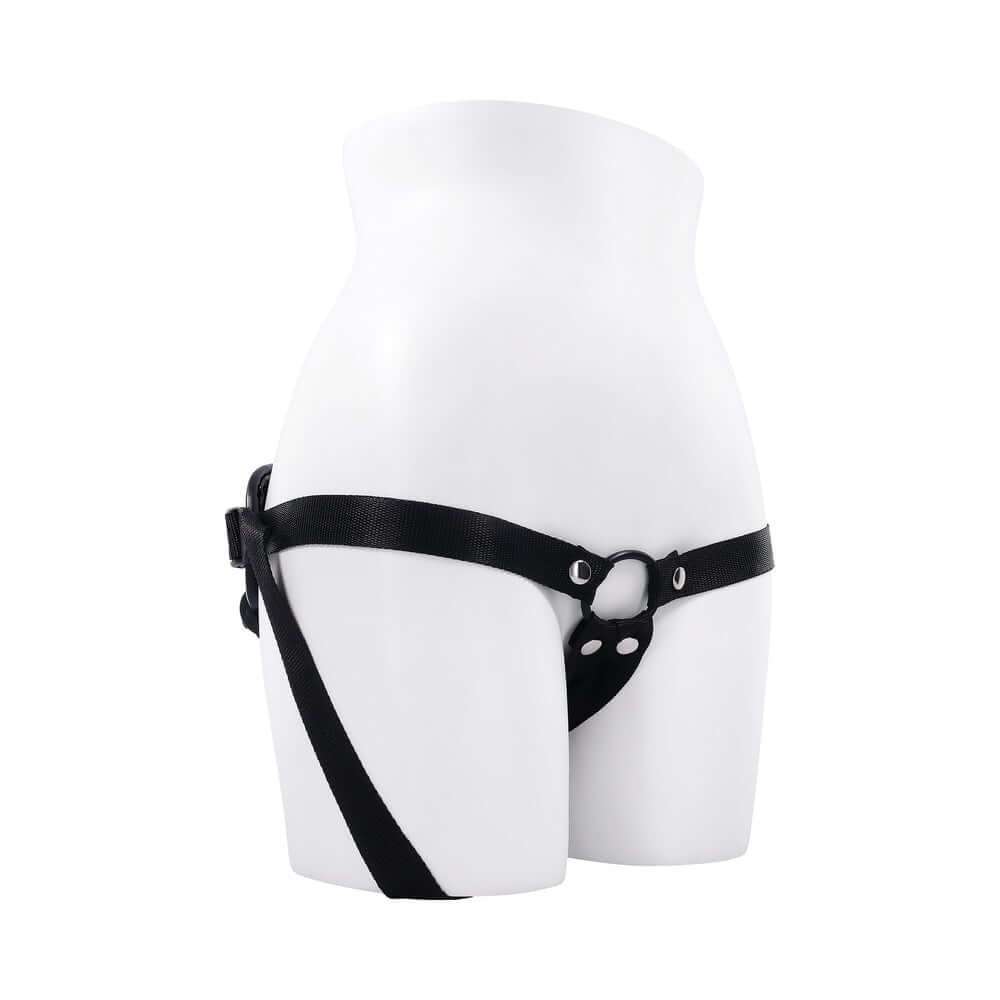 Evolved Giving Vibes Strap On Purple on a mannequin showcasing the unique strap design and fittings.