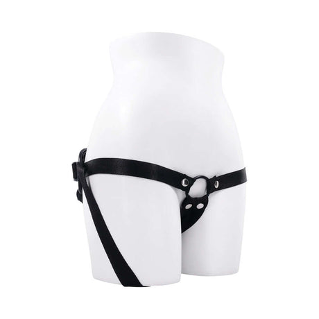 Evolved Giving Vibes Strap On Purple on a mannequin showcasing the unique strap design and fittings.