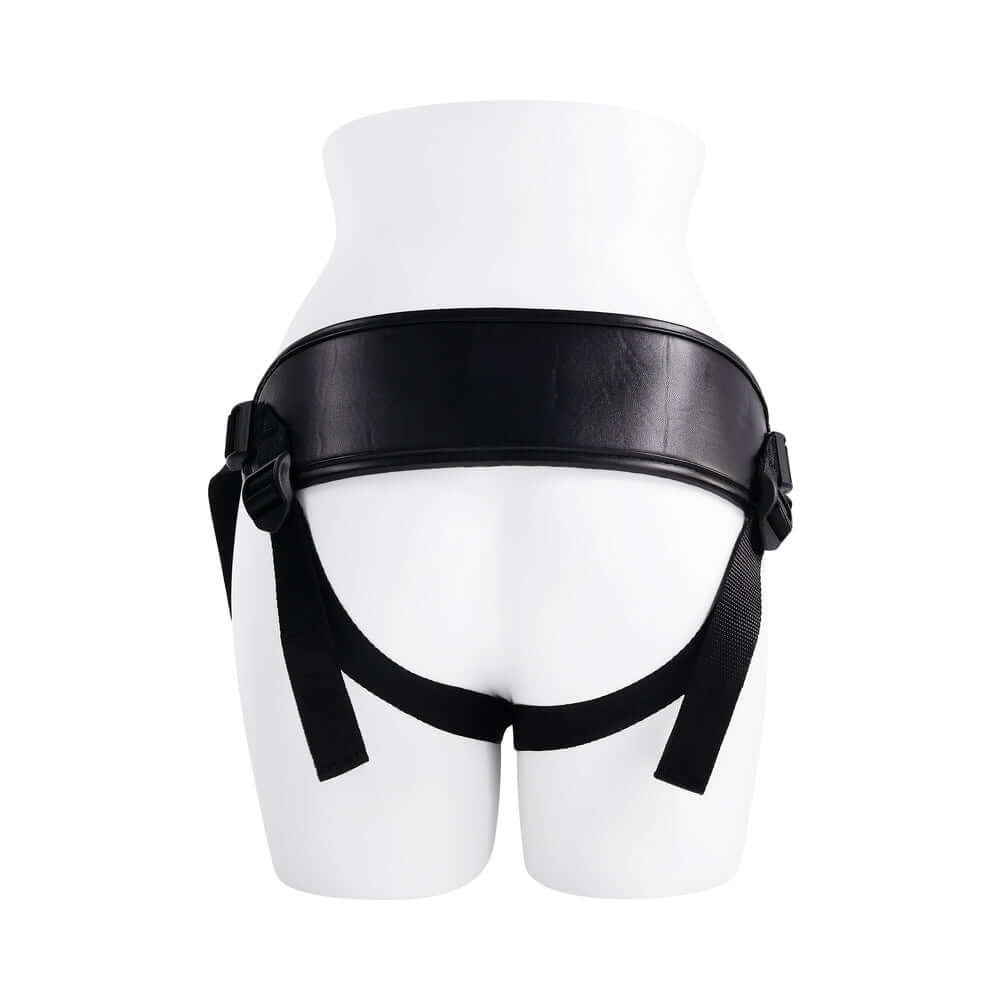 Evolved Giving Vibes Strap On Purple displayed on a mannequin with black harness and straps for strap-on play.