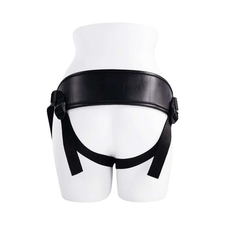 Evolved Giving Vibes Strap On Purple displayed on a mannequin with black harness and straps for strap-on play.