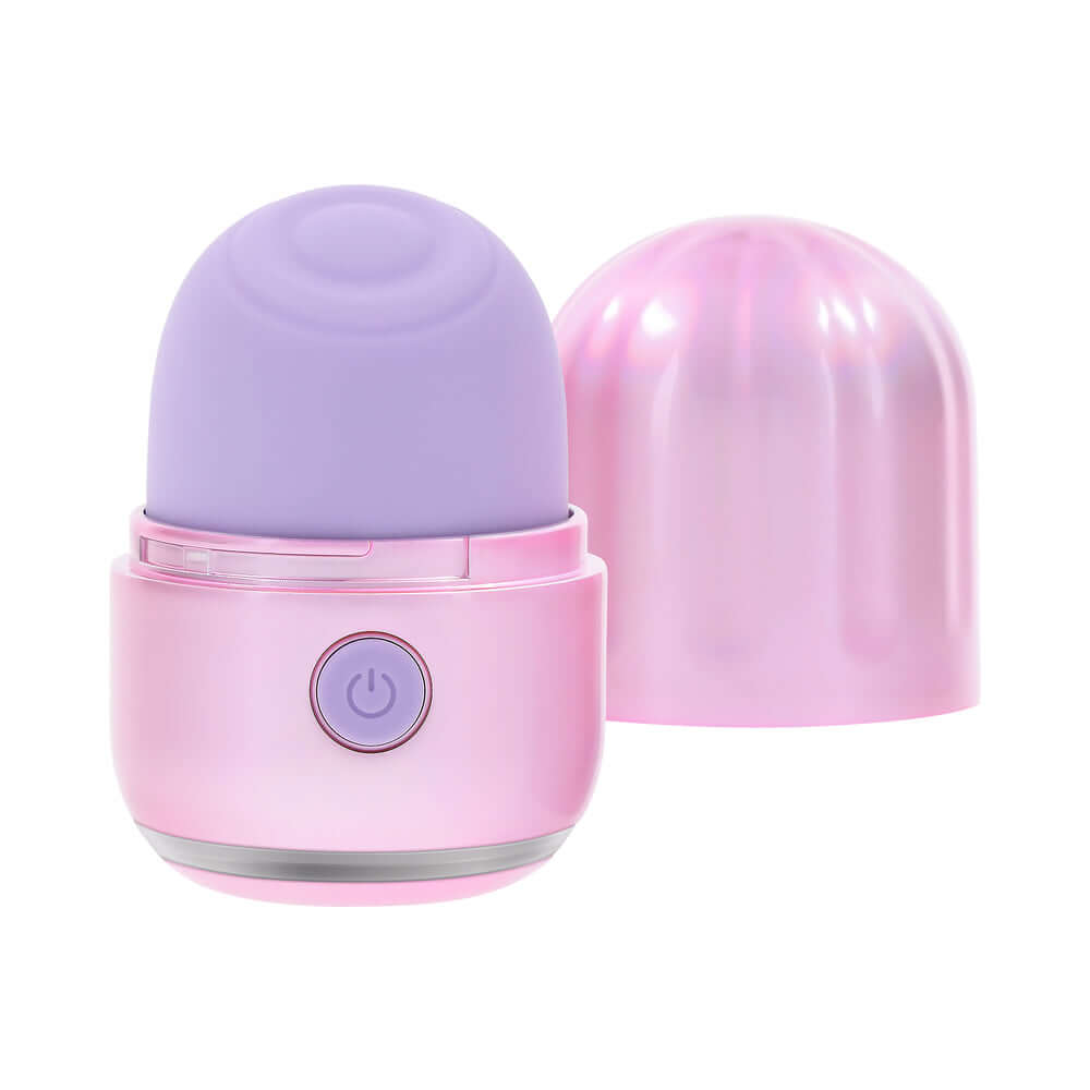 Evolved Vacation Vibes Tapping Massager in pink-pearl with purple top, travel-friendly design, ideal for discreet pleasure.