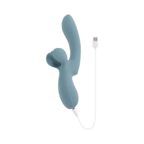 Evolved Take Your Flick Massager Blue displayed with USB charging cable, showcasing its curvy design and functionality.