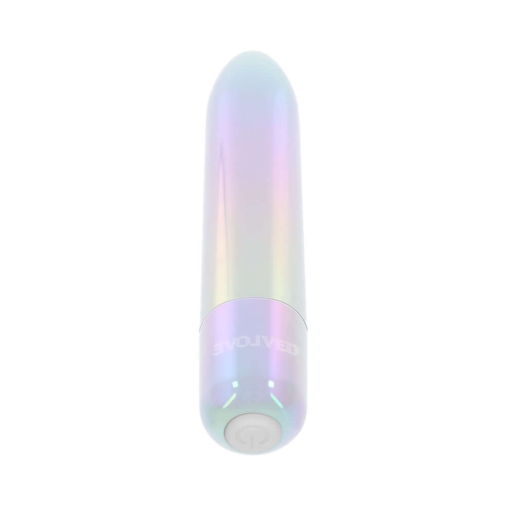Evolved Easy Does It Vibrator Iridescent in a pearly iridescent finish and sleek lipstick shape.