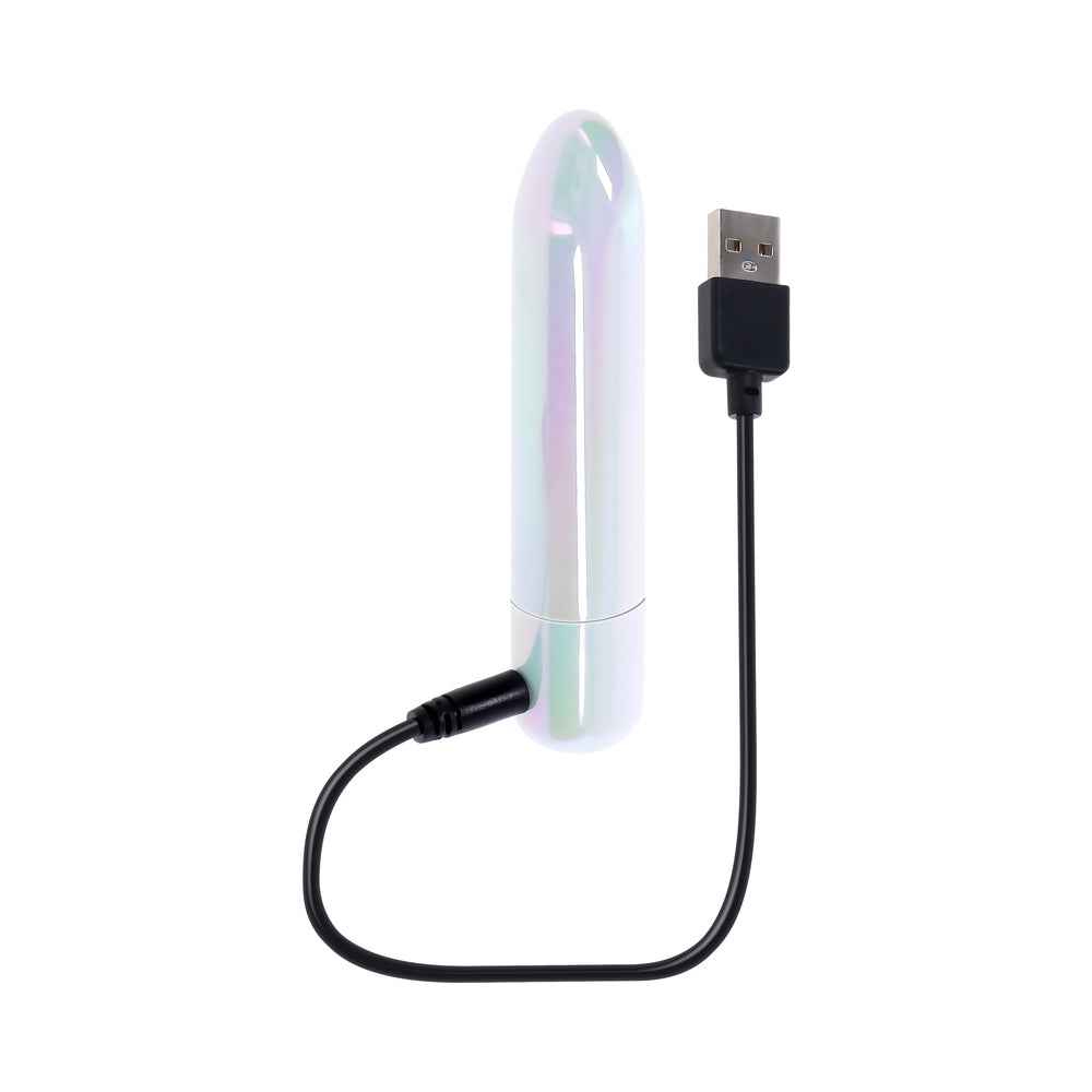 Evolved Easy Does It Vibrator Iridescent with USB charging cable, sleek lipstick-shaped design for powerful stimulation.