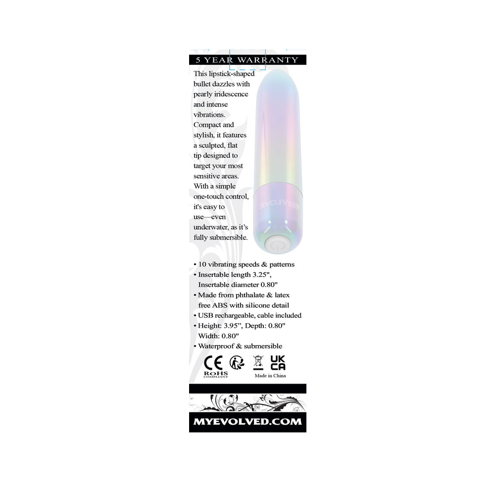 Evolved Easy Does It Vibrator Iridescent packaging featuring key features and warranty details.