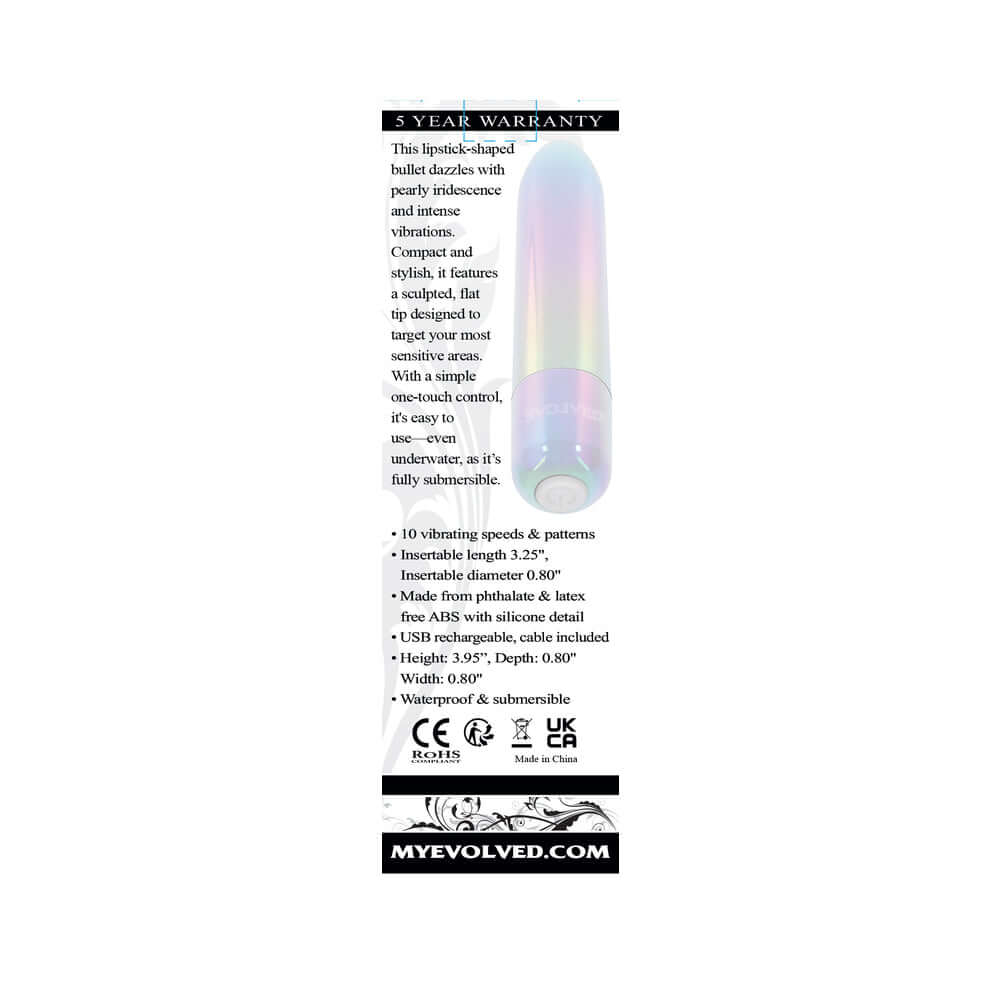 Evolved Easy Does It Vibrator Iridescent packaging featuring key features and warranty details.