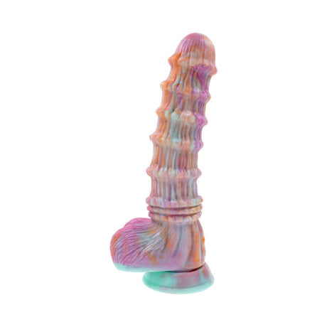 Evolved Fantasy Vibrating Dildo with Remote in multicolor silicone, showcasing unique texture and design.