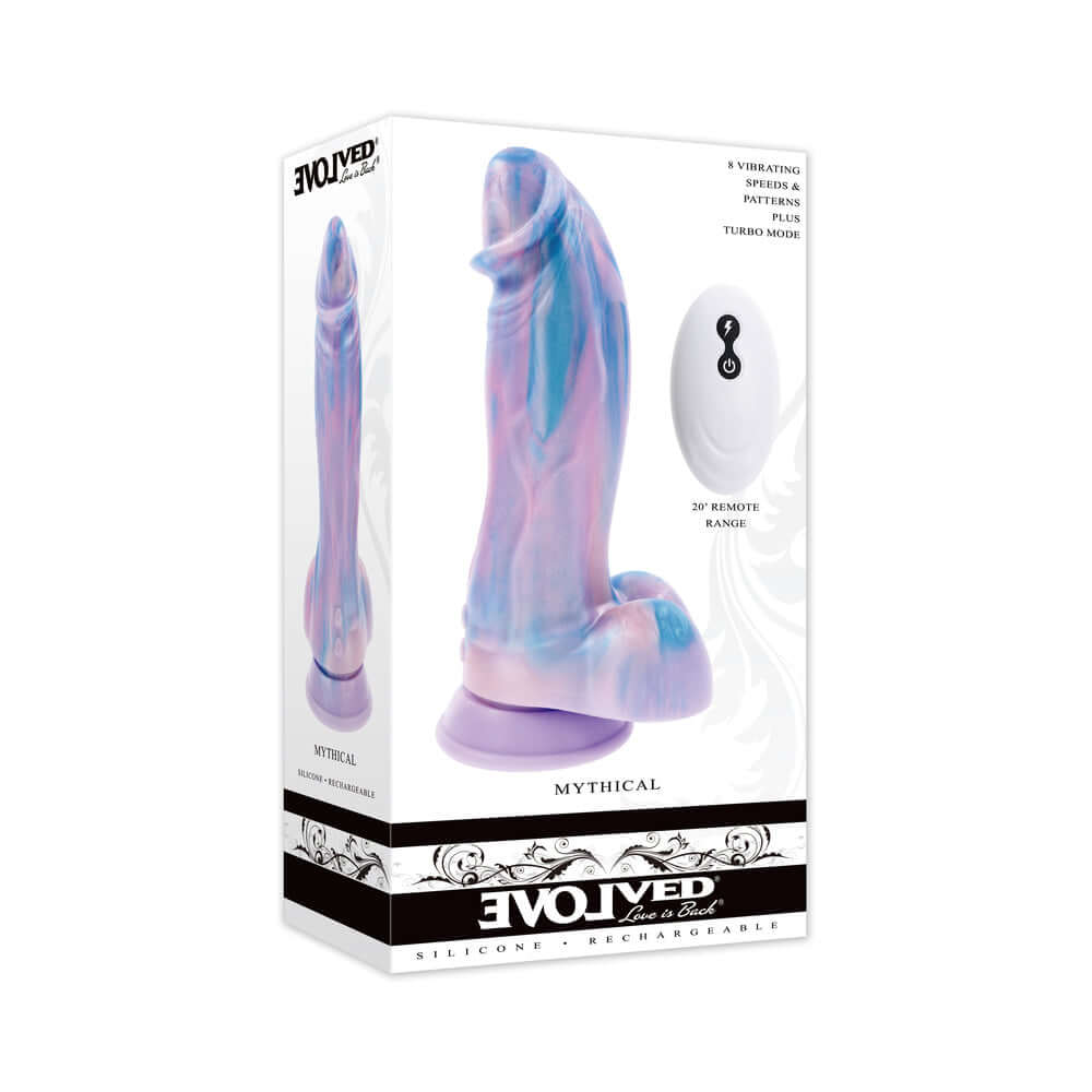 Evolved Mythical Vibrating Dildo with Remote in packaging, showcasing its multicolor silicone design and remote control.