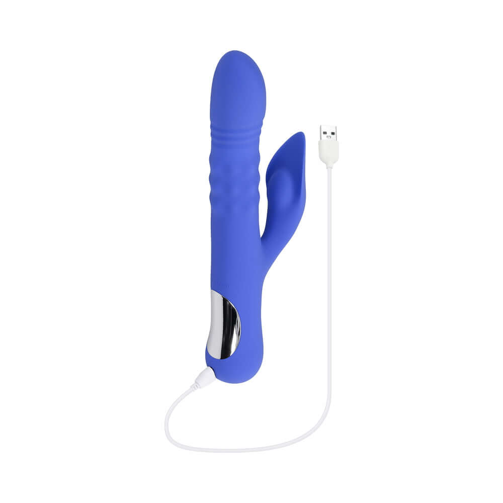 Evolved Pop Goes The O Vibrator Blue showcasing its dual stimulation features and charging cable.