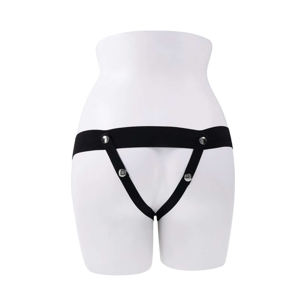 Selopa Our First Hollow Strap-On Light black strap-on harness displayed on a mannequin, highlighting its design and features.