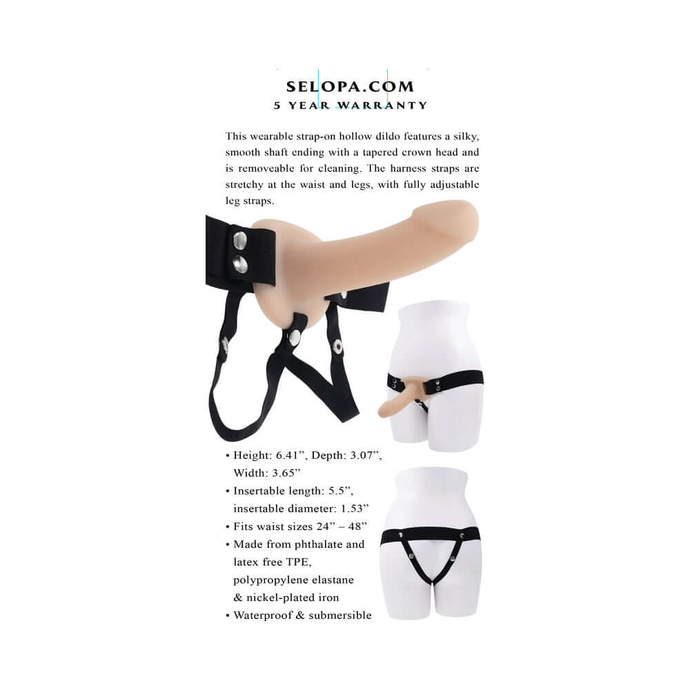 Selopa Our First Hollow Strap-On Light with descriptions of size and materials for exploring intimacy.