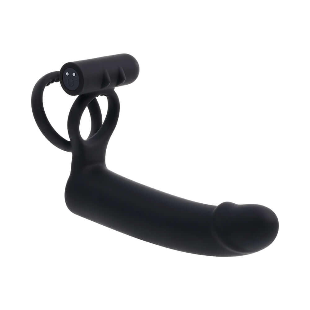 Gender X Full Swing Vibrating Dildo with Ring & Remote Control Black on a white background.
