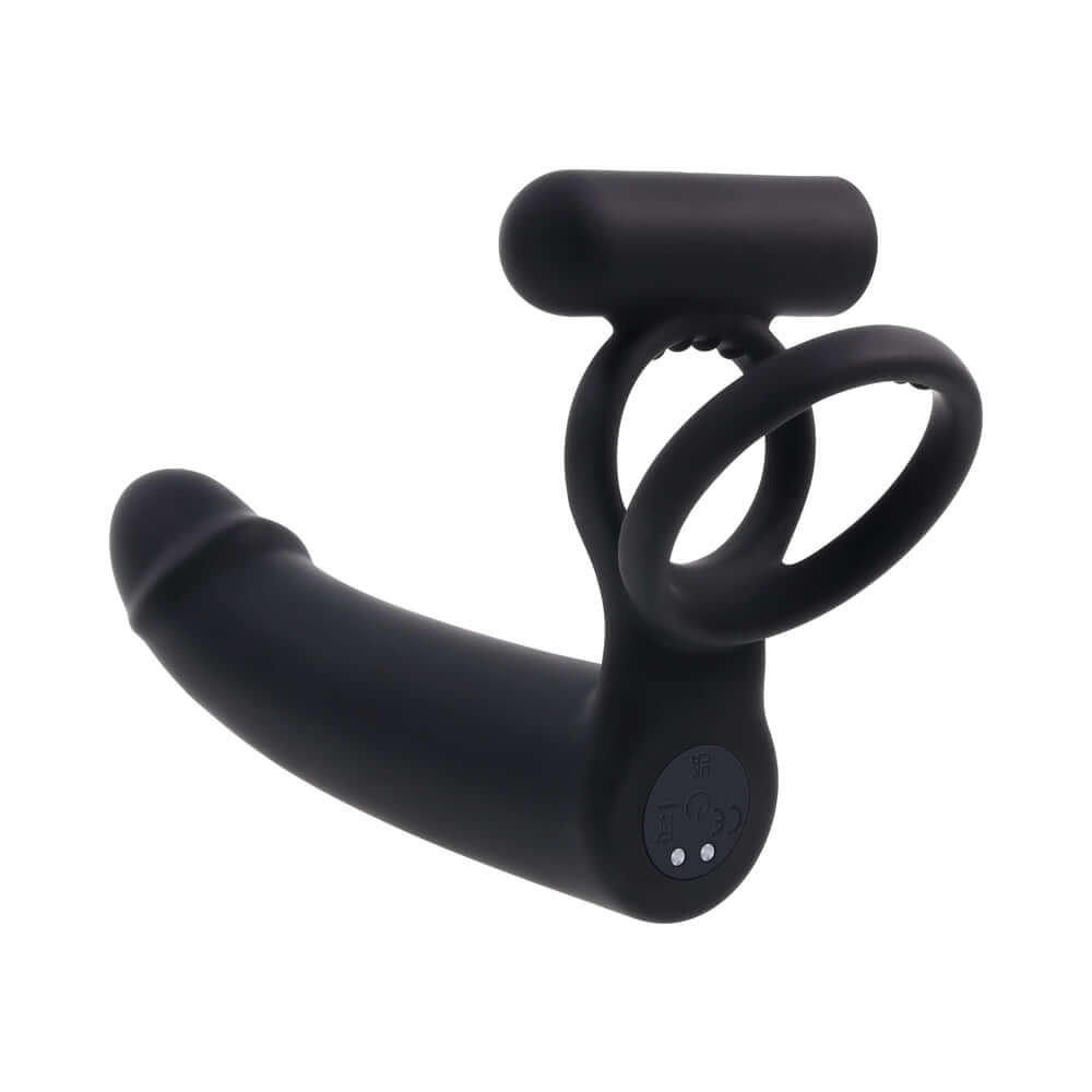 Gender X Full Swing Vibrating Dildo with Ring & Remote Control Black displayed from the side, showcasing its sleek design.