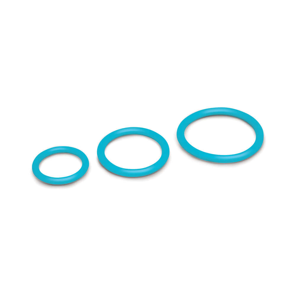 b-Vibe Every Body Strap-On Harness Set with 6 inch Dildo Peg accessories including three blue rings in various sizes.