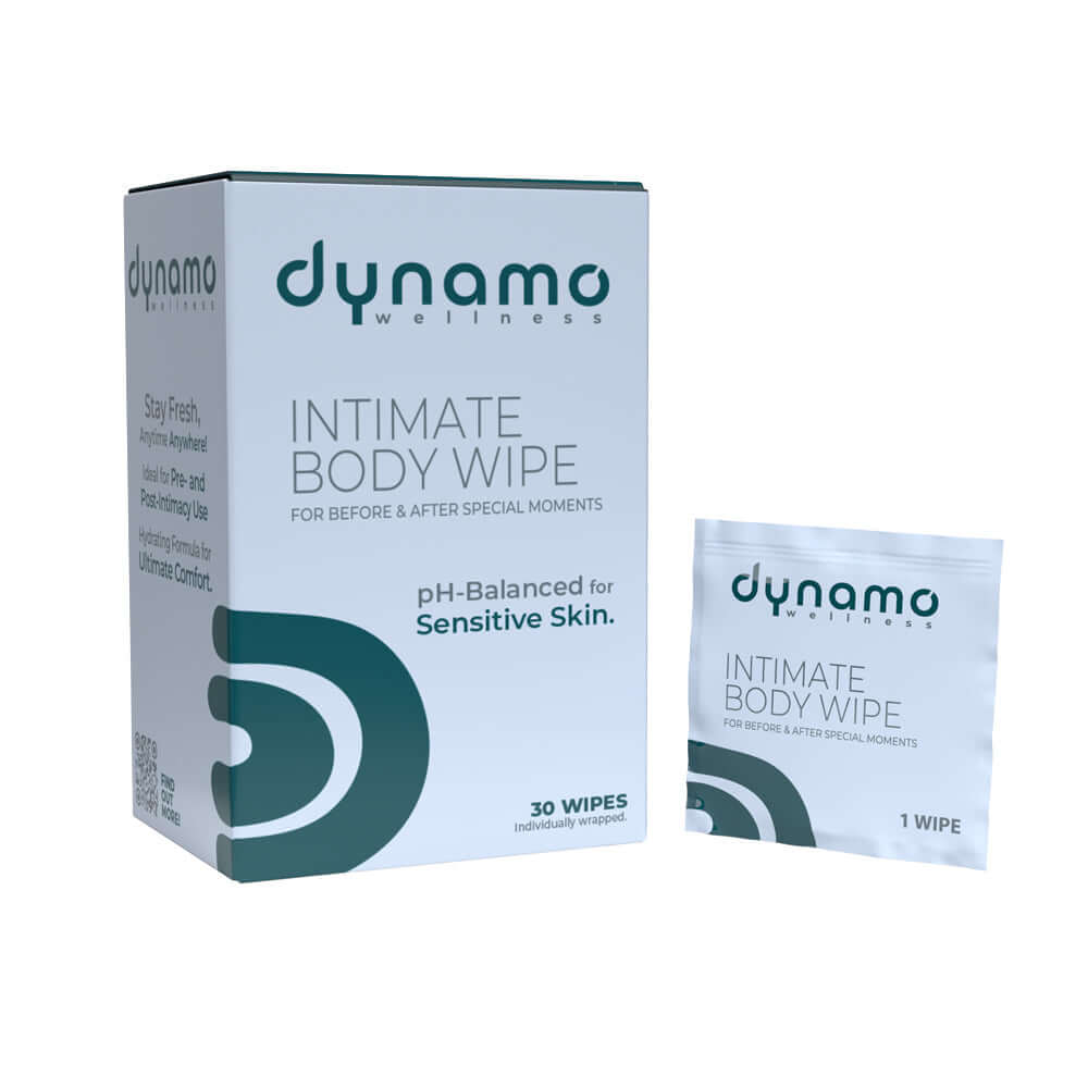 Dynamo Wellness Intimate Body Wipes 30 Pack, pH-balanced intimate wipes for sensitive skin, individually wrapped.