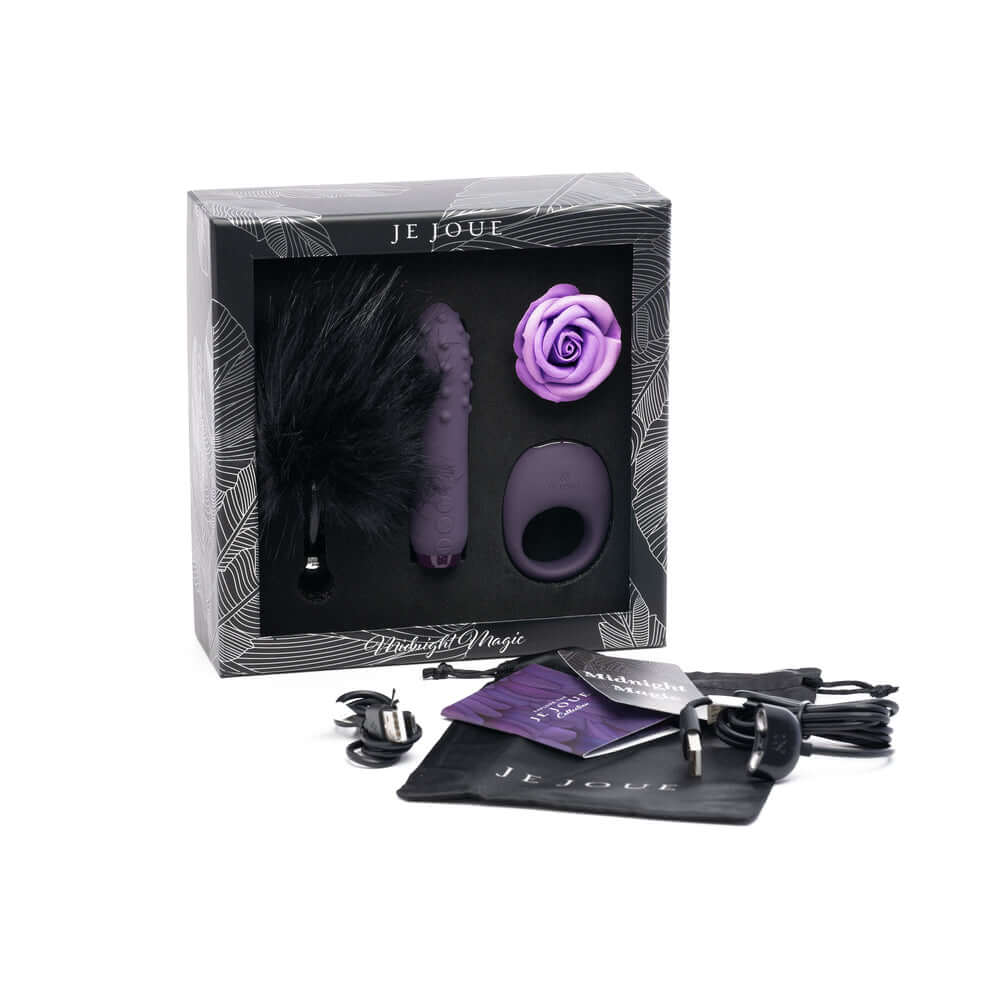 Je Joue Midnight Magic Duet Bullet Vibrator with Mio Ring gift set featuring luxurious accessories and elegant design.