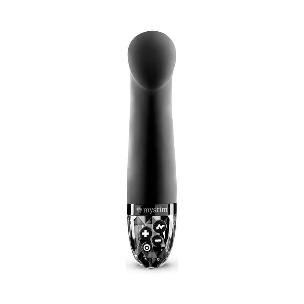 Mystim Right on Ron E-Stim Vibrator Black, designed for targeted G-spot stimulation and electrostimulation pleasure.