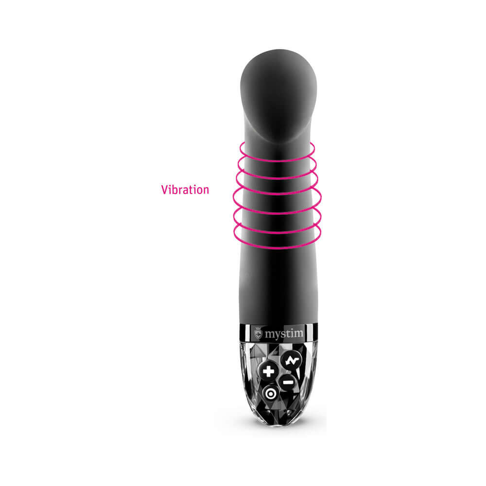 Mystim Right on Ron E-Stim Vibrator Black with vibrations highlighted for G-spot stimulation.