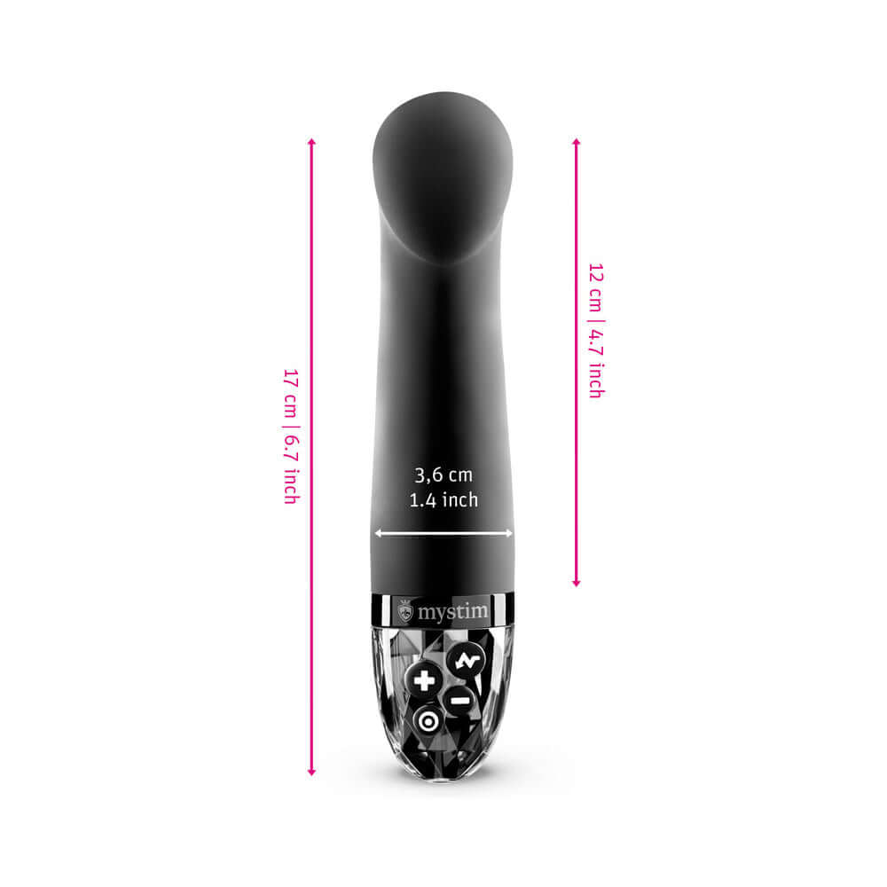 Mystim Right on Ron E-Stim Vibrator Black dimensions showing 17 cm length and 3.6 cm width.