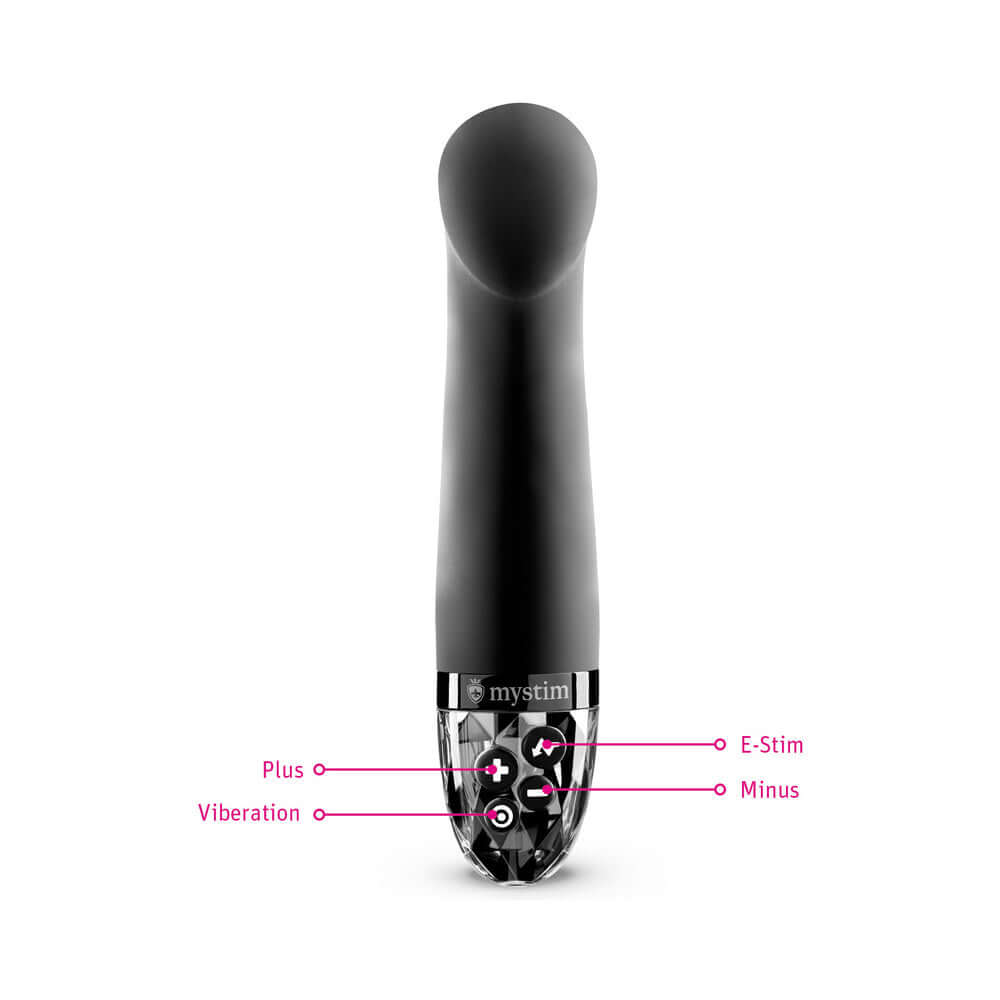 Mystim Right on Ron E-Stim Vibrator Black, designed for G-spot stimulation with e-stim features.