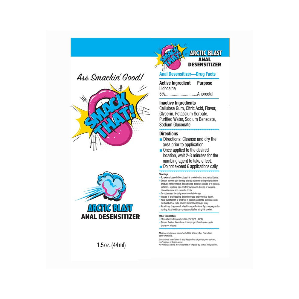 Smack That Anal Desensitizer Arctic Blast 1.5 Oz packaging with ingredients and usage instructions.