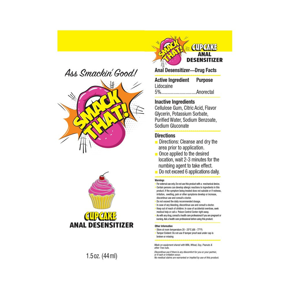 Smack That Anal Desensitizer Cupcake 1.5 Oz packaging with product information and directions.