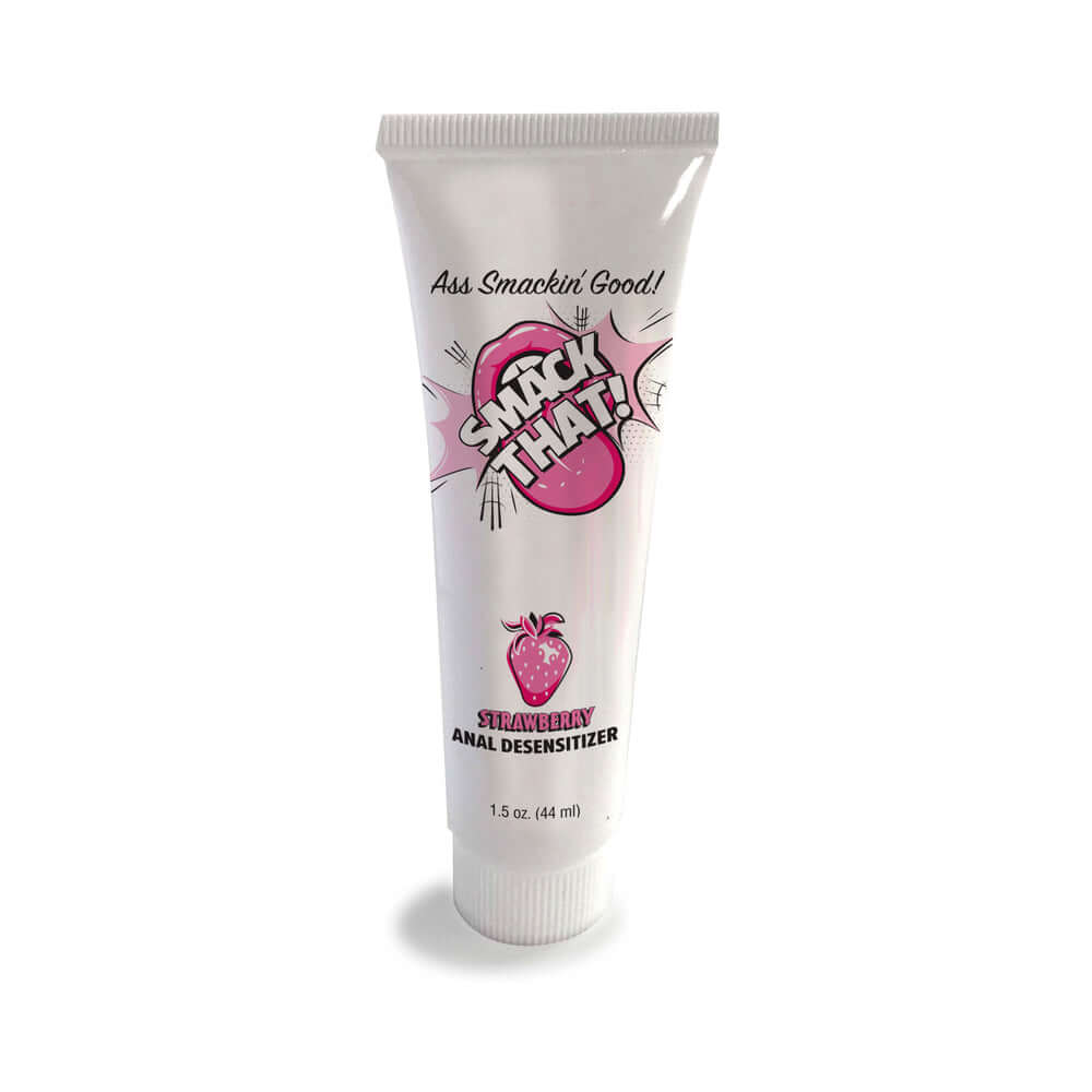 Smack That Anal Desensitizer Strawberry 1.5 Oz tube with pink label and strawberry illustration.