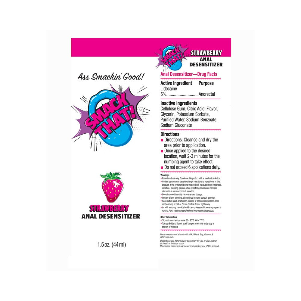 Smack That Anal Desensitizer Strawberry 1.5 Oz product label featuring ingredients and usage directions.