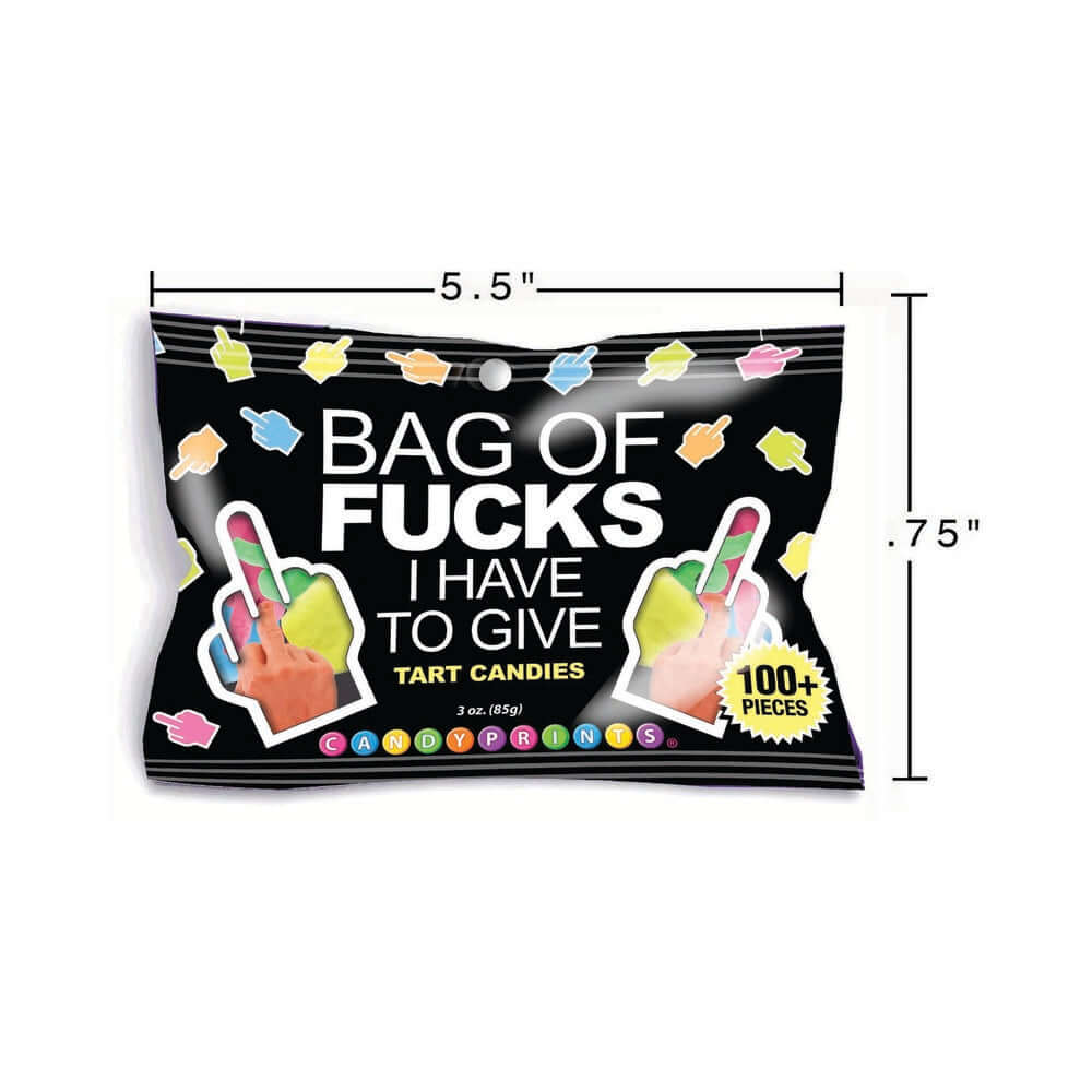 Bag Of Fucks I Have To Give 3 Oz Bag featuring colorful tart candies shaped like middle fingers.