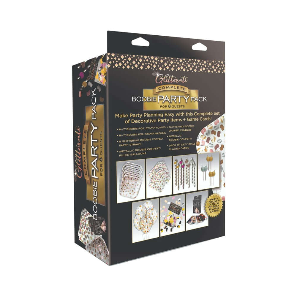 Glitterati Party Pack Boobie box showcasing complete party kit for humorous and glamorous celebrations.