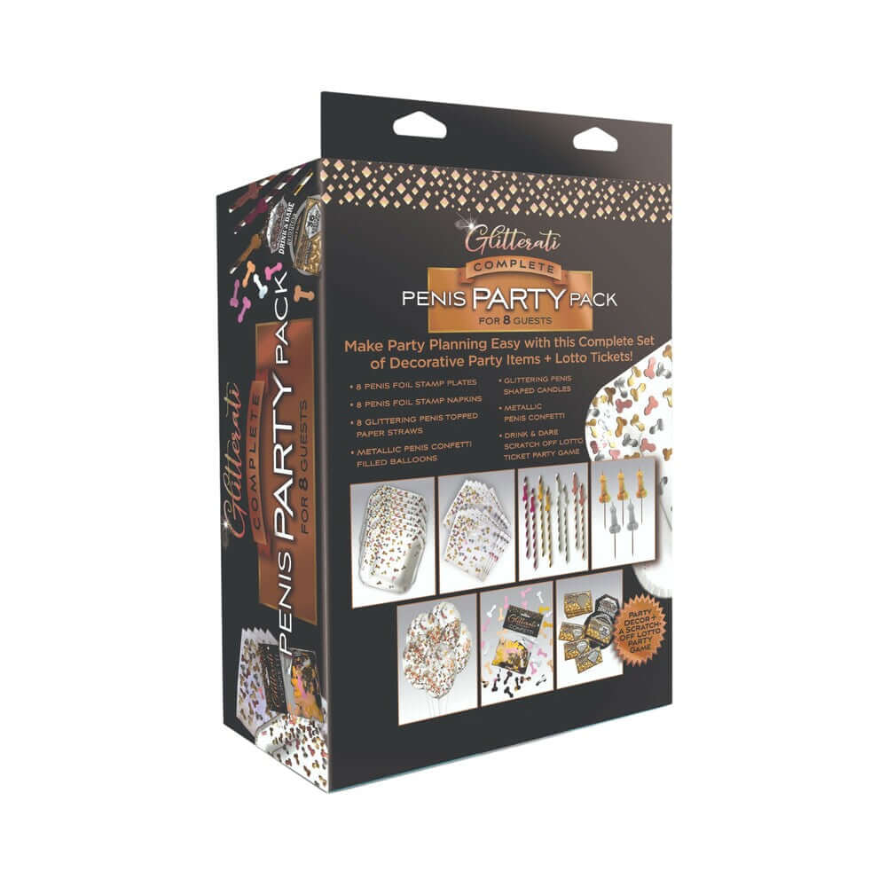 Glitterati Party Pack Penis complete party kit with decorative items and festive accessories.