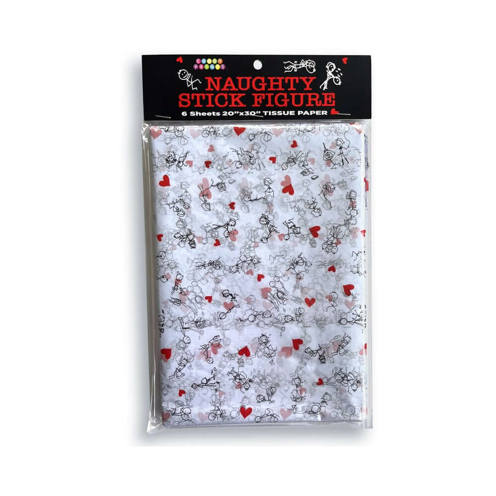 Naughty Stick Figure Tissue Paper pack featuring humorous designs and colorful hearts for adult-themed gift wrapping.