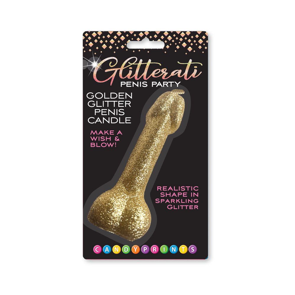 Golden Glitter Penis Candle in packaging with sparkly glitter and party theme, perfect for celebrations.