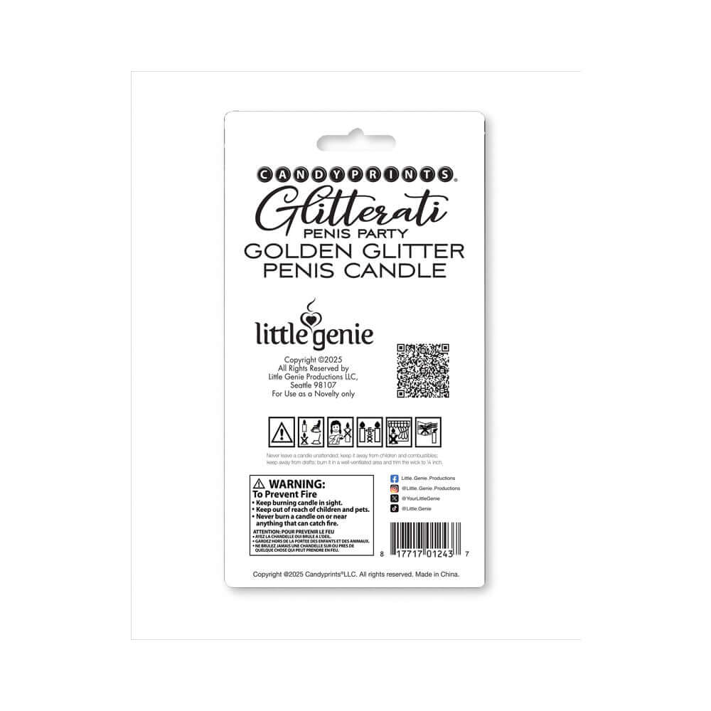 Back of the packaging for the Golden Glitter Penis Candle featuring details of the Glitterati collection.