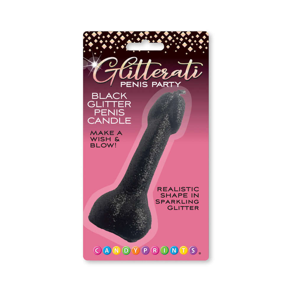 Black Glitter Penis Candle packaged with Glitterati branding for a festive occasion and party fun.