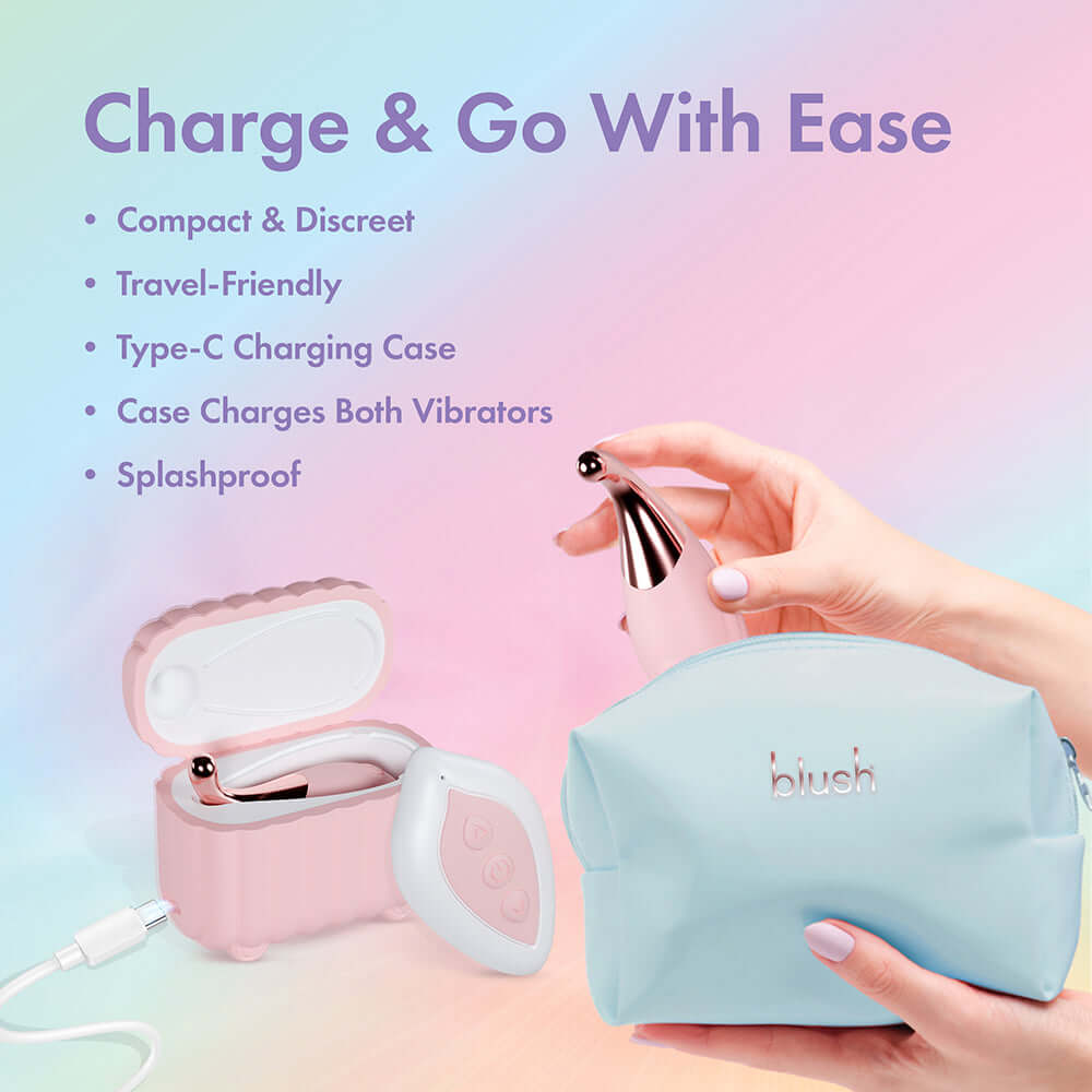 Play With Me Wanderlust Mini Vibes Pink charging case with two mini vibrators, compact and travel-friendly.