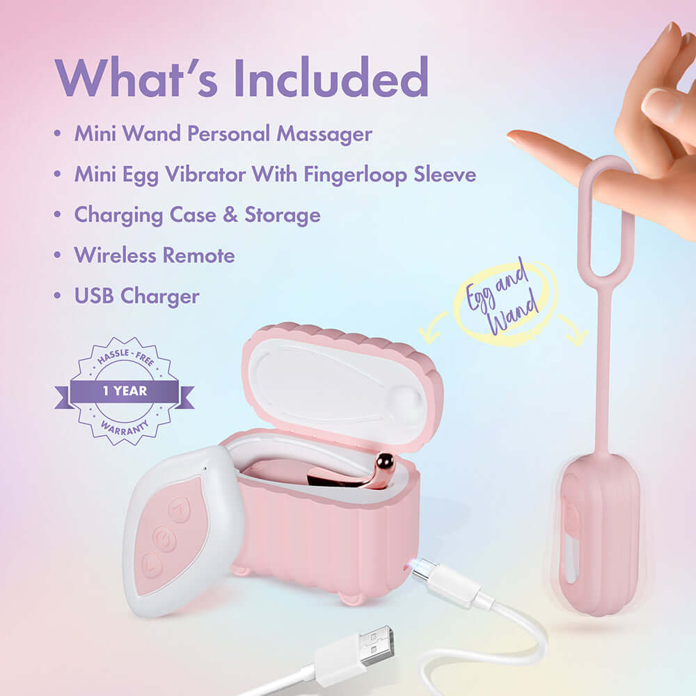 Play With Me Wanderlust Mini Vibes Pink contents including mini wand massager, egg vibrator, storage case, remote, and charger.