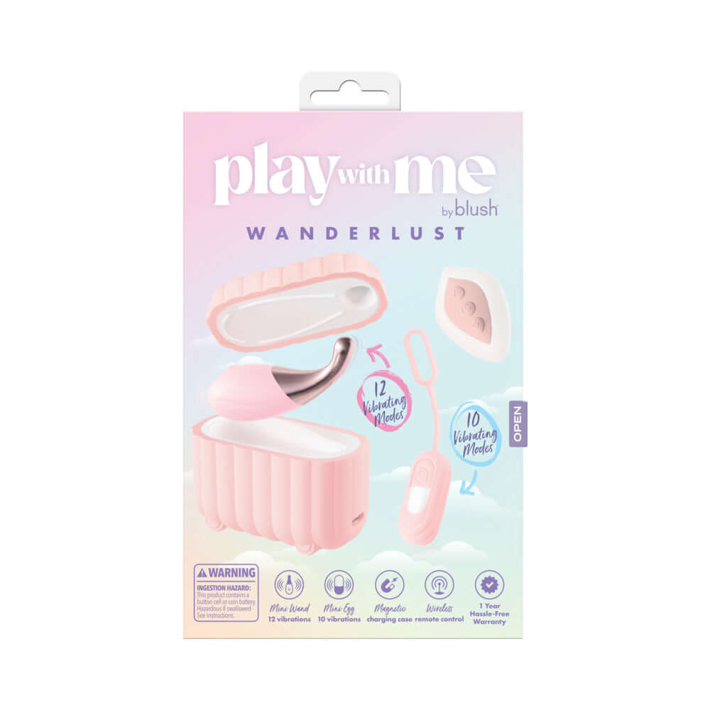 Play With Me Wanderlust Mini Vibes Pink packaging featuring a chic suitcase design and mini vibrators inside.