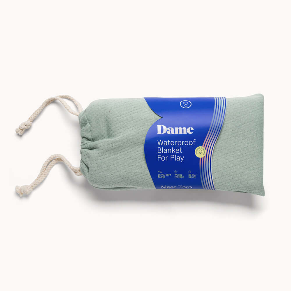 Dame Thro Waterproof Sex Blanket Sage in storage pouch, perfect for intimate moments and protection.